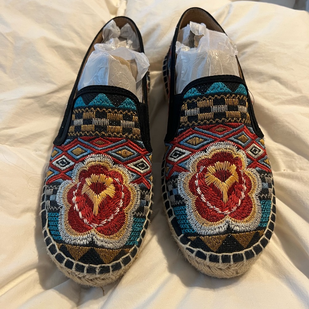 Johnny Was Black Aldorna Embroidery Espadrille Slip On  Shoe EUR 39